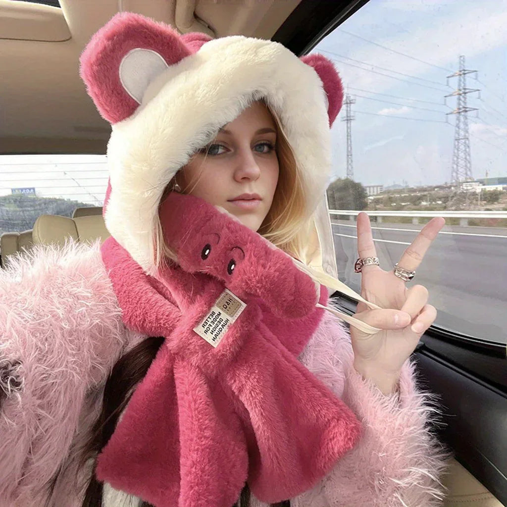 Ensemble Hiver Femme – Chapeau Ours Peluche + Gants Chauds, Style Lei Feng