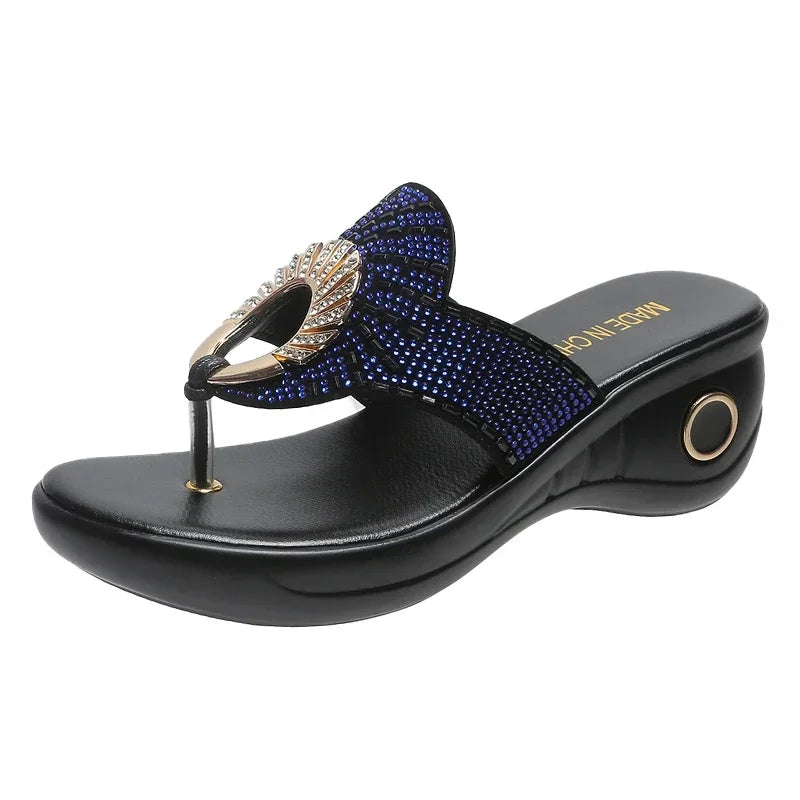 Chaussures d’été rétro pour dames – Plateau compensé et strass