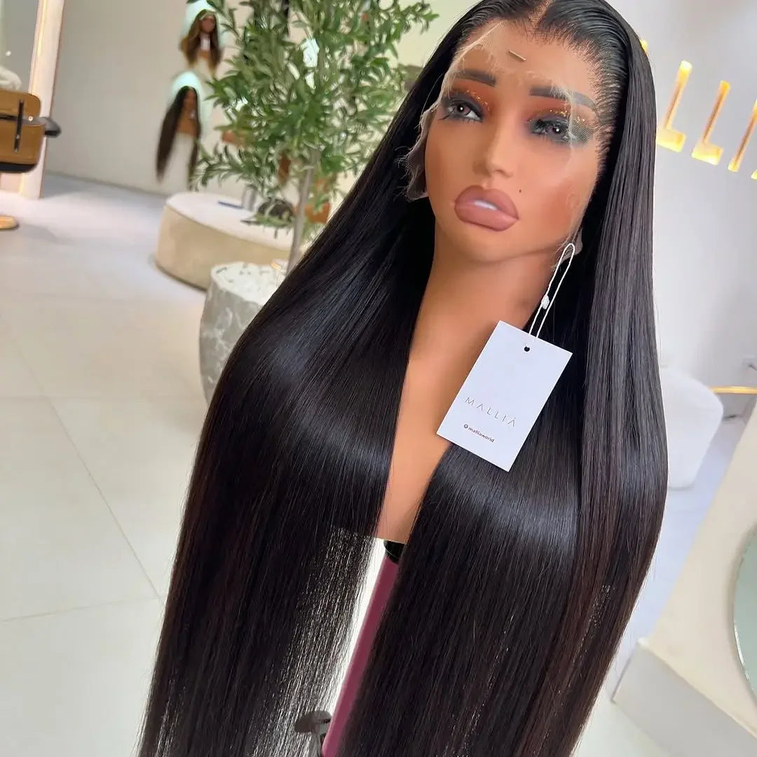 Perruque Lace Front synthétique lisse 13x4 noire, pré-épilée, baby hair, sans colle .