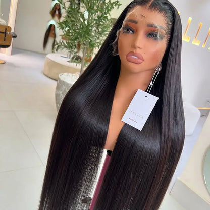 Perruque Lace Front synthétique lisse 13x4 noire, pré-épilée, baby hair, sans colle .