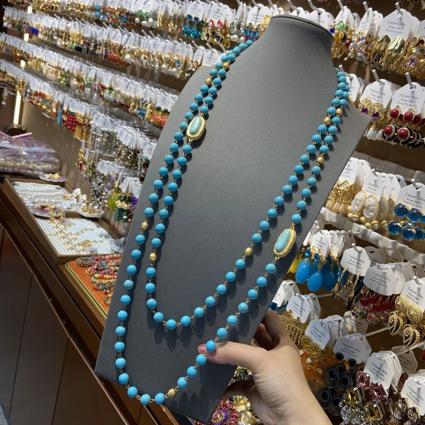 Collier vintage en cuivre turquoise pour femme – Broche en or et fleur tridimensionnelle