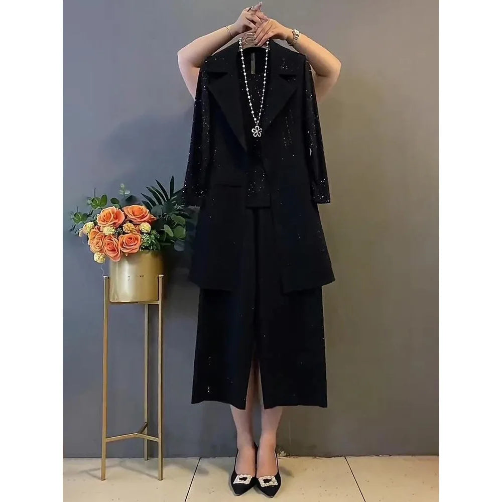 Ensemble Femme Grande Taille 3 Pièces – Veste, Chemise et Pantalon Long Noir avec Strass