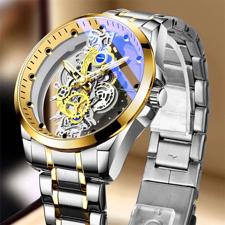 Montre homme quartz squelette doré rétro luxe .