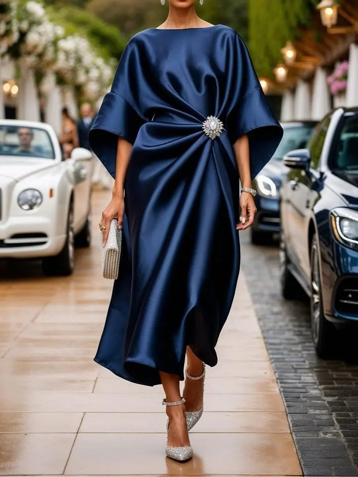 Robe Élégante Décontractée – Satin Perlé, Manches Courtes, Look Banlieue Tendance