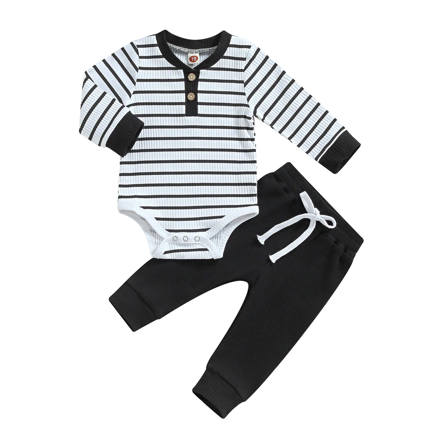 Ensemble bébé garçon automne – barboteuse rayée manches longues + pantalon