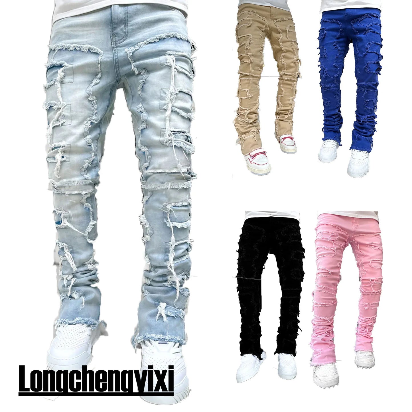 Jean empilé coupe régulière pour hommes, déchiré, Slim Fit, Patch, pantalon en Denim droit détruit, Hip Hop, Streetwear, tissu de pantalon .
