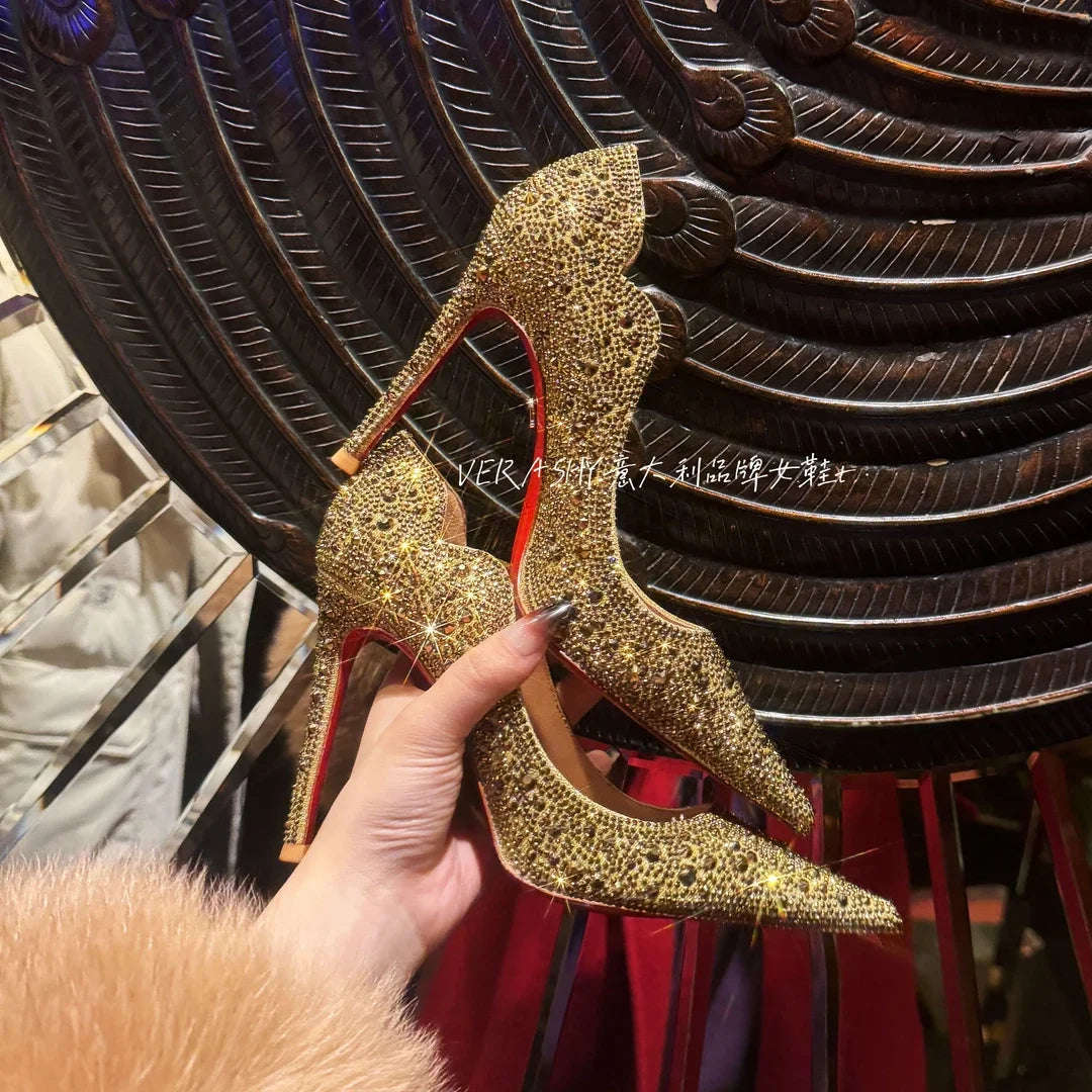 Talons Hauts Femmes 2025 Printemps – Chaussures Minces Pointues, Or Sexy, Style Français, Cristal, Semelle Rouge, Chaussures Mariage Élégantes