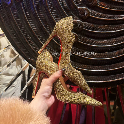 Talons Hauts Femmes 2025 Printemps – Chaussures Minces Pointues, Or Sexy, Style Français, Cristal, Semelle Rouge, Chaussures Mariage Élégantes