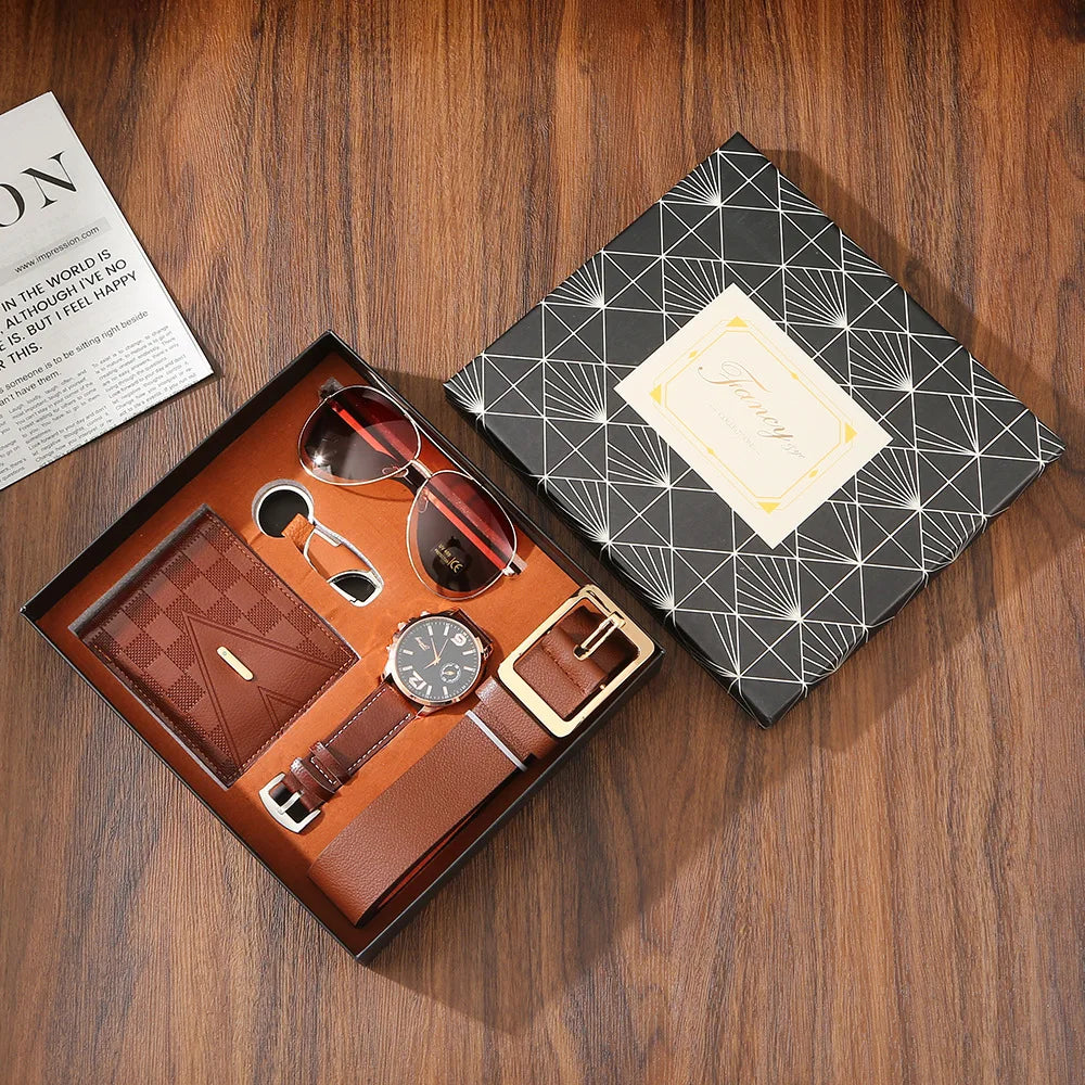 Coffret cadeau homme – Montre, portefeuille, ceinture, lunettes de soleil, porte-clés, fête des pères, petit ami ,saint valentin