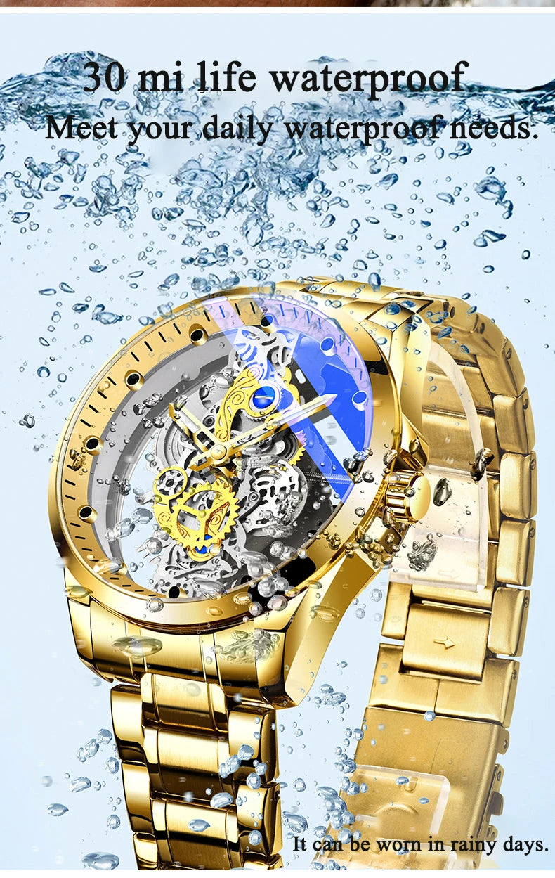 Montre homme quartz squelette doré rétro luxe .