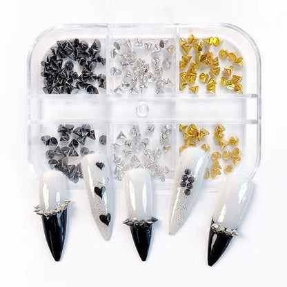 Clous ongles 3D métal – 6 grilles noir & argent, style punk