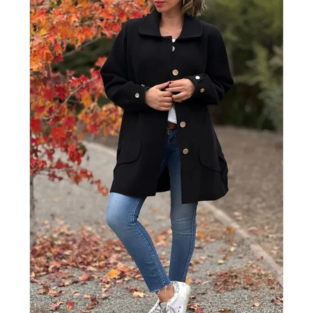 Veste Femme Automne-Hiver – Pardessus Décontracté à Revers, Couleur Unie avec Poches Chic