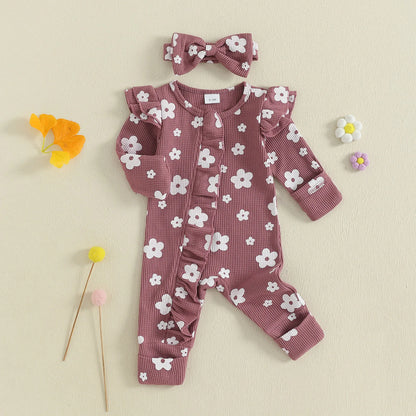 Ensemble bébé fille 2 pièces : combinaison florale à manches longues + bandeau .