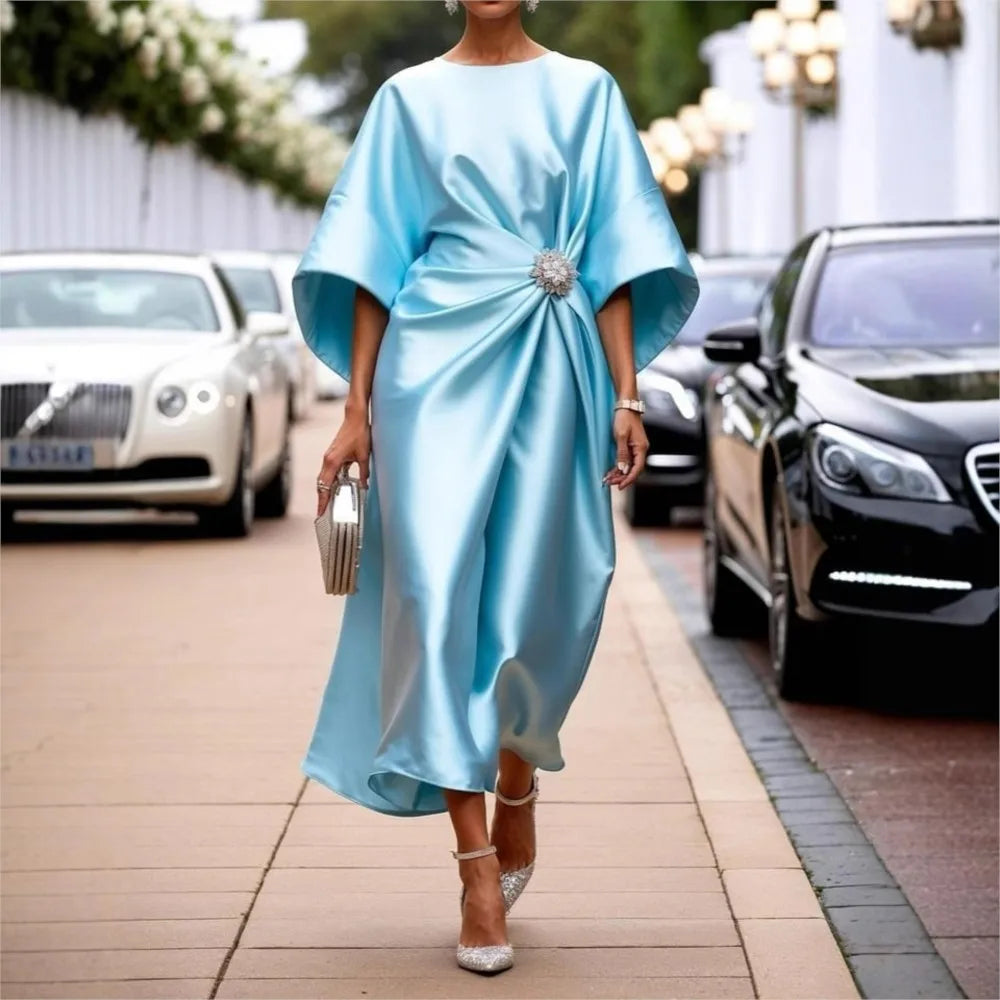 Robe Élégante Décontractée – Satin Perlé, Manches Courtes, Look Banlieue Tendance
