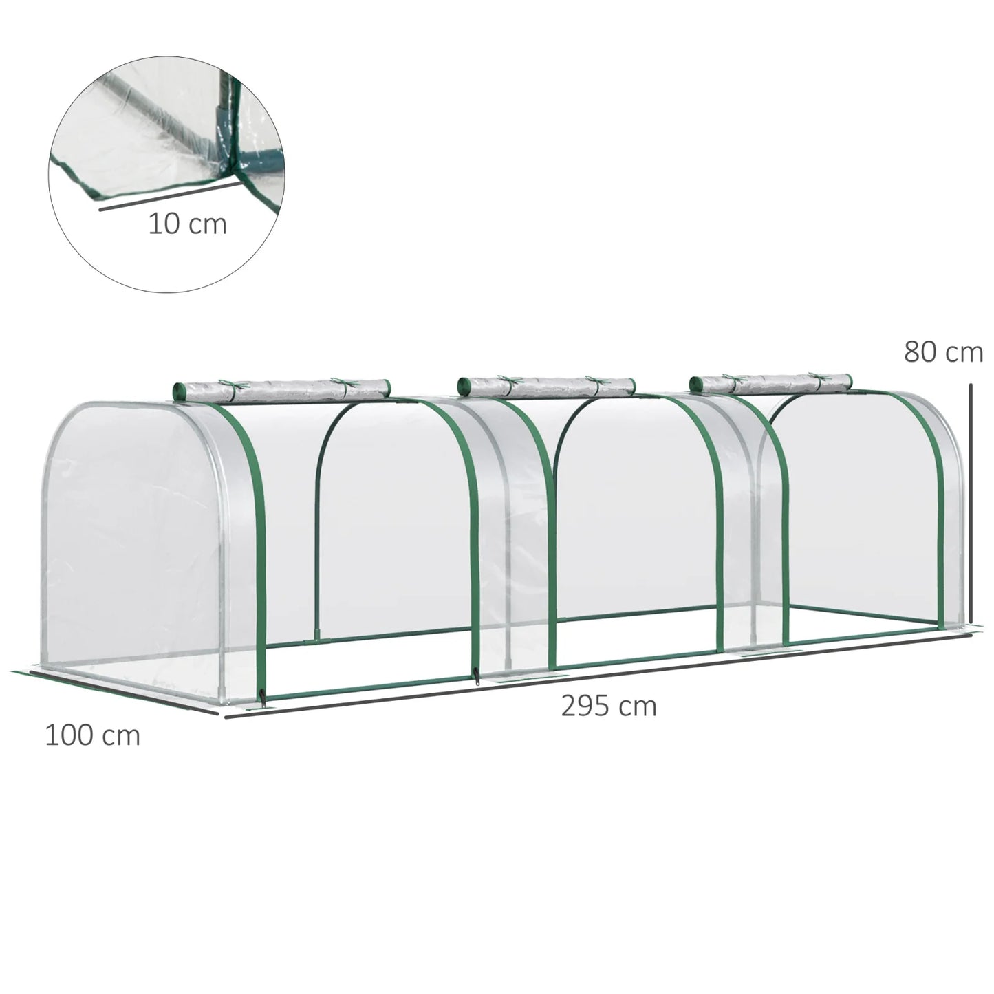 Serre de jardin tunnel Outsunny 295x100x80 cm avec 3 portes zippées, cadre en acier et bâche PVC imperméable et résistance aux UV