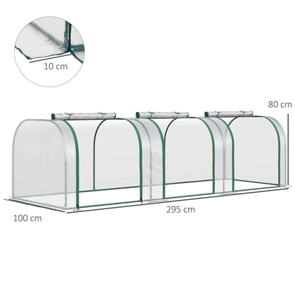 Serre de jardin tunnel Outsunny 295x100x80 cm avec 3 portes zippées, cadre en acier et bâche PVC imperméable et résistance aux UV
