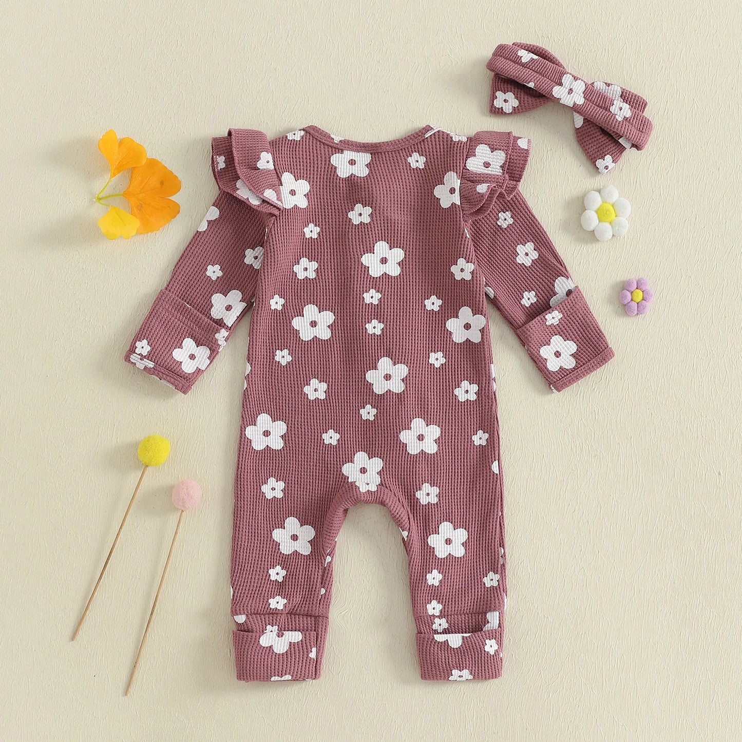 Ensemble bébé fille 2 pièces : combinaison florale à manches longues + bandeau .