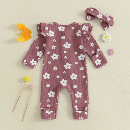 Ensemble bébé fille 2 pièces : combinaison florale à manches longues + bandeau .