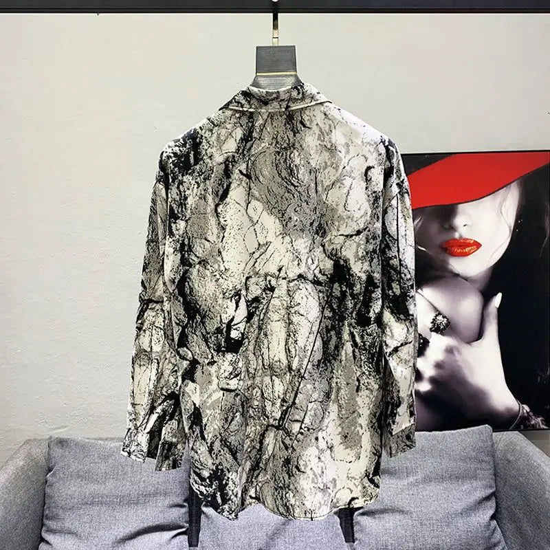 Chemise homme vintage col rabattu imprimé ample – Hauts printemps mode décontracté boutons manches longues