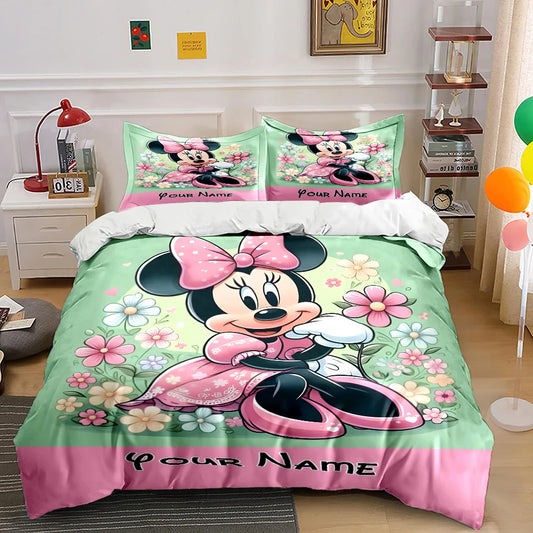 Ensemble de literie 3PCS personnalisé Minnie – Housse de couette et taies, imprimé dessin animé, confort luxe enfant/adulte