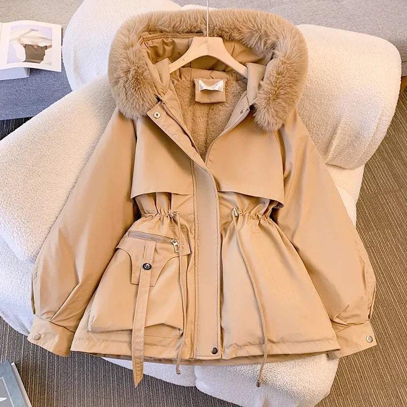 Veste d'Hiver Femme – Parka Longue Chaude avec Grand Col en Fourrure, Capuche, Doublure Laine, Manteau Rembourré, Vêtement de Neige Tendance