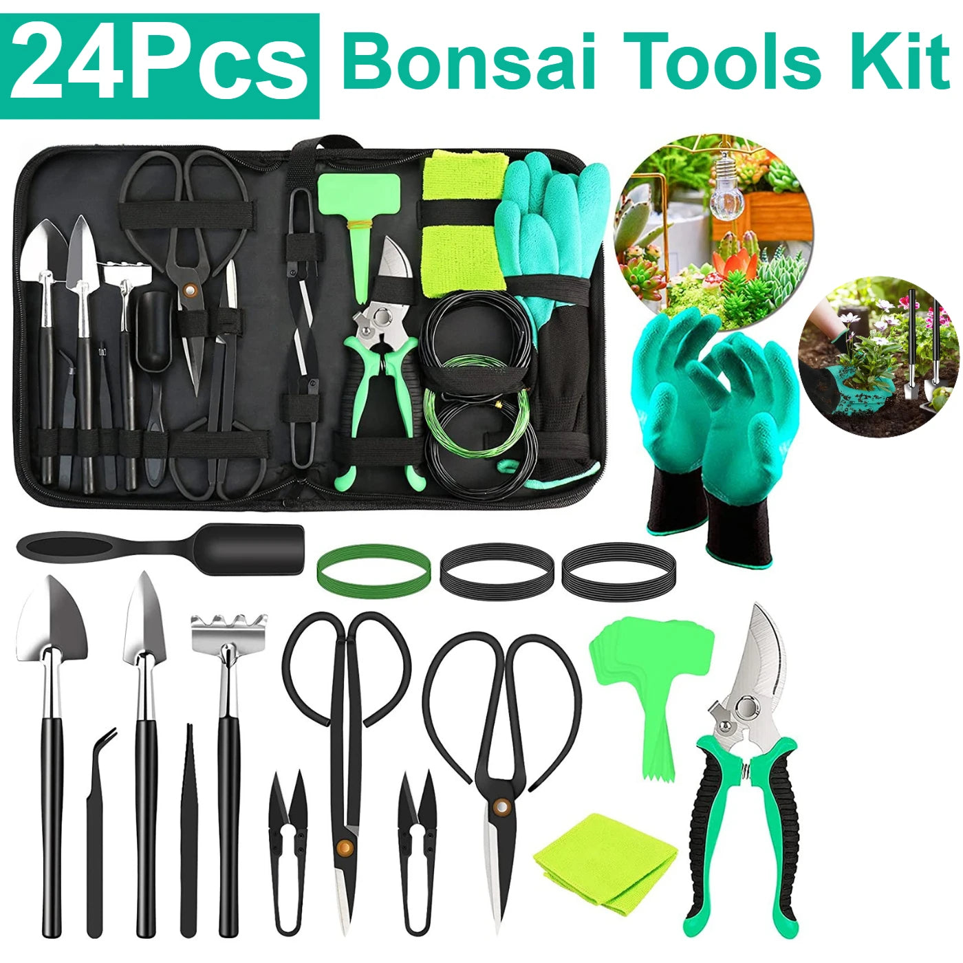 Kit d'Outils pour Bonsaï 24 Pièces pour Débutants – Ensemble Complet de Soins avec Sécateurs, Ciseaux et Sac de Rangement, Cadeau Idéal pour Femmes et Hommes