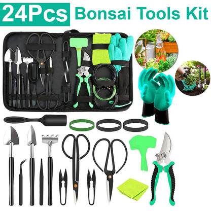 Kit d'Outils pour Bonsaï 24 Pièces pour Débutants – Ensemble Complet de Soins avec Sécateurs, Ciseaux et Sac de Rangement, Cadeau Idéal pour Femmes et Hommes