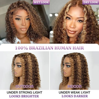 Perruque Bob Lace Frontal 13x4 – Cheveux Brésiliens Naturels Deep Wave, Courts Bouclés, Couleur Ombrée à Reflets .
