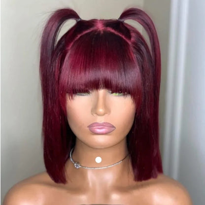 Perruque Bob droite 99J cheveux humains brésiliens – Coupe émoussée sans colle, dentelle frontale, qualité machine, style naturel luxe