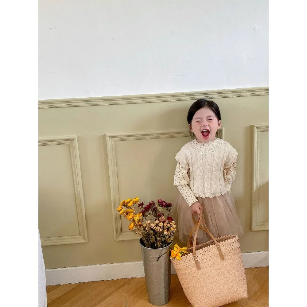 Gilet tricoté fille – sans manches, mode printemps/automne, 1‑7 ans