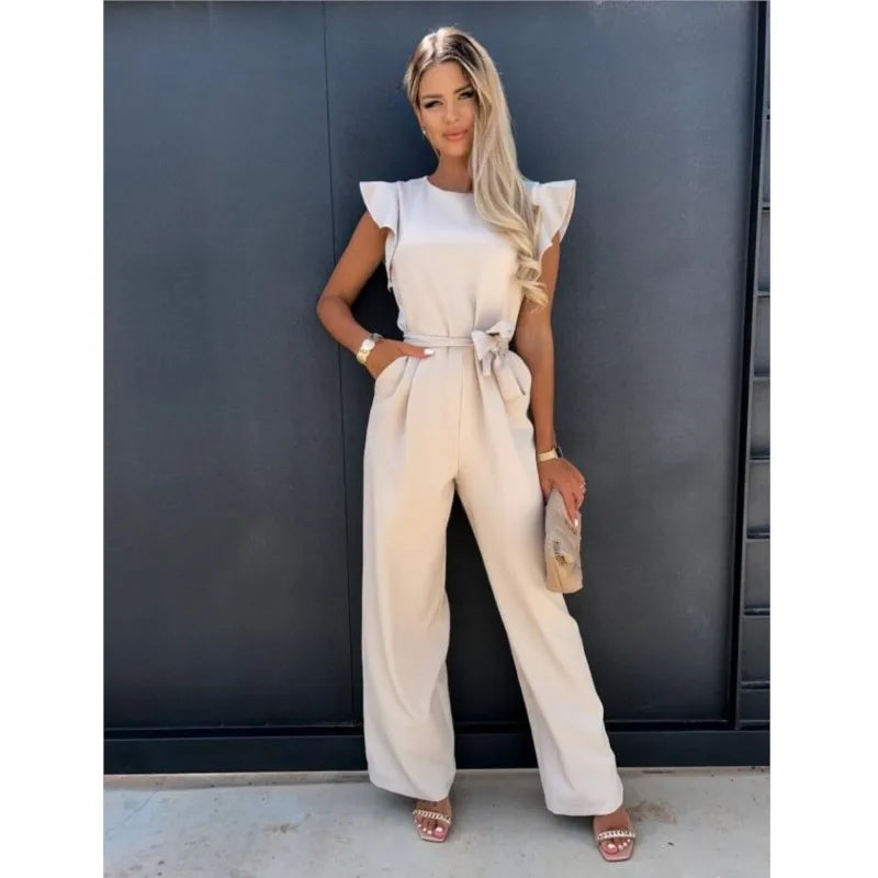 Combinaison Femme Été Taille Haute Unie Beige avec Bretelles et Fermeture Éclair