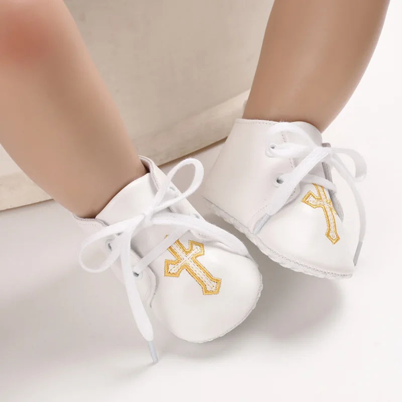Chaussures bébé baptême – Blancs, semelle croisée, premiers pas, garçon et fille