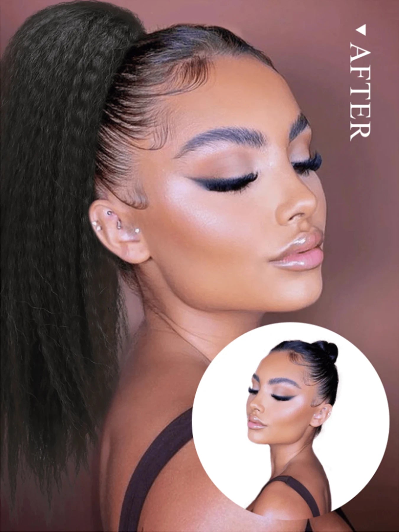 Synthetic Yaki Curly Ponytail, 18", Natural Black.