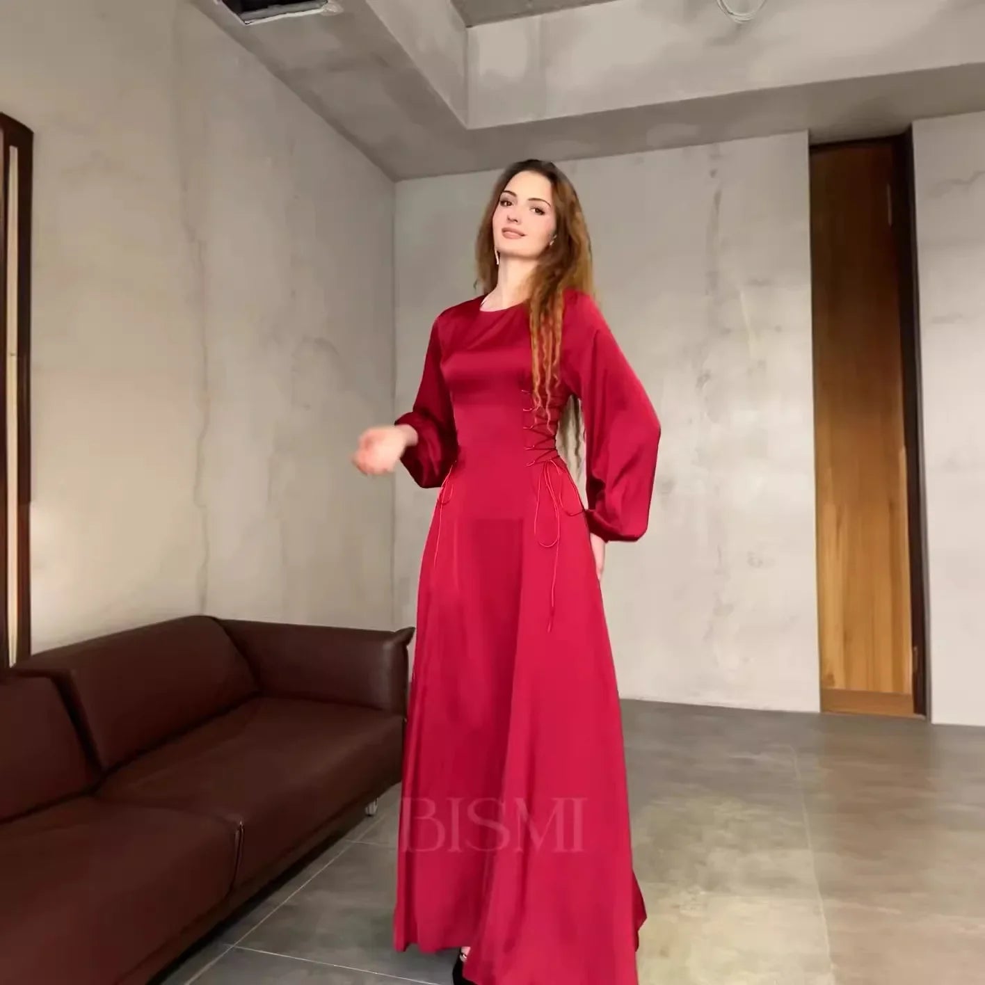 Abaya chic femme – Robe slim à lacets et col rond, style musulman, soirée