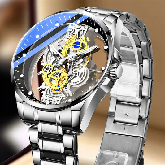 Montre homme quartz squelette doré rétro luxe .