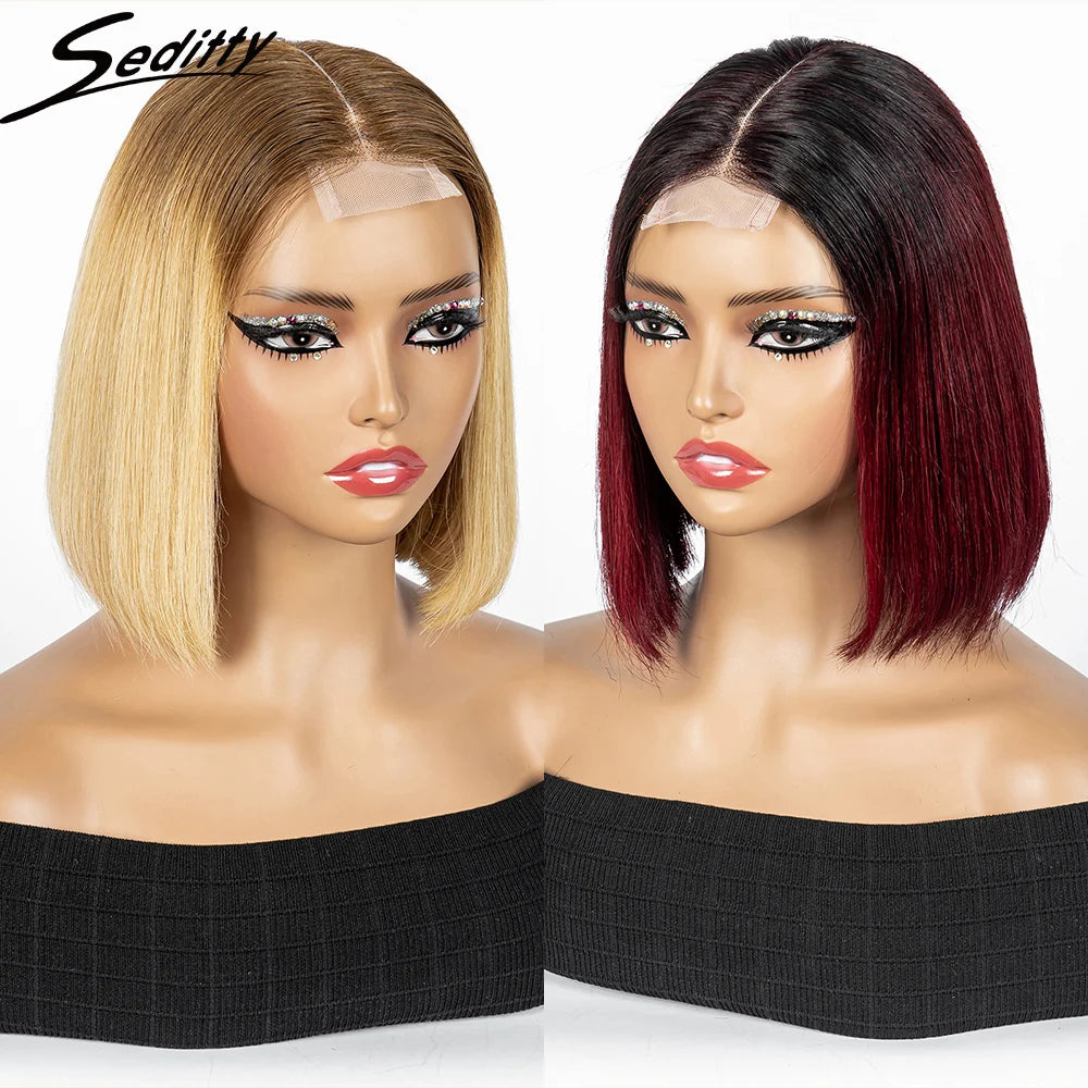 Perruque Bob courte droite colorée – cheveux humains 100%, dentelle 2x6 transparente, densité 250%