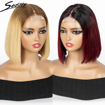 Perruque Bob courte droite colorée – cheveux humains 100%, dentelle 2x6 transparente, densité 250%