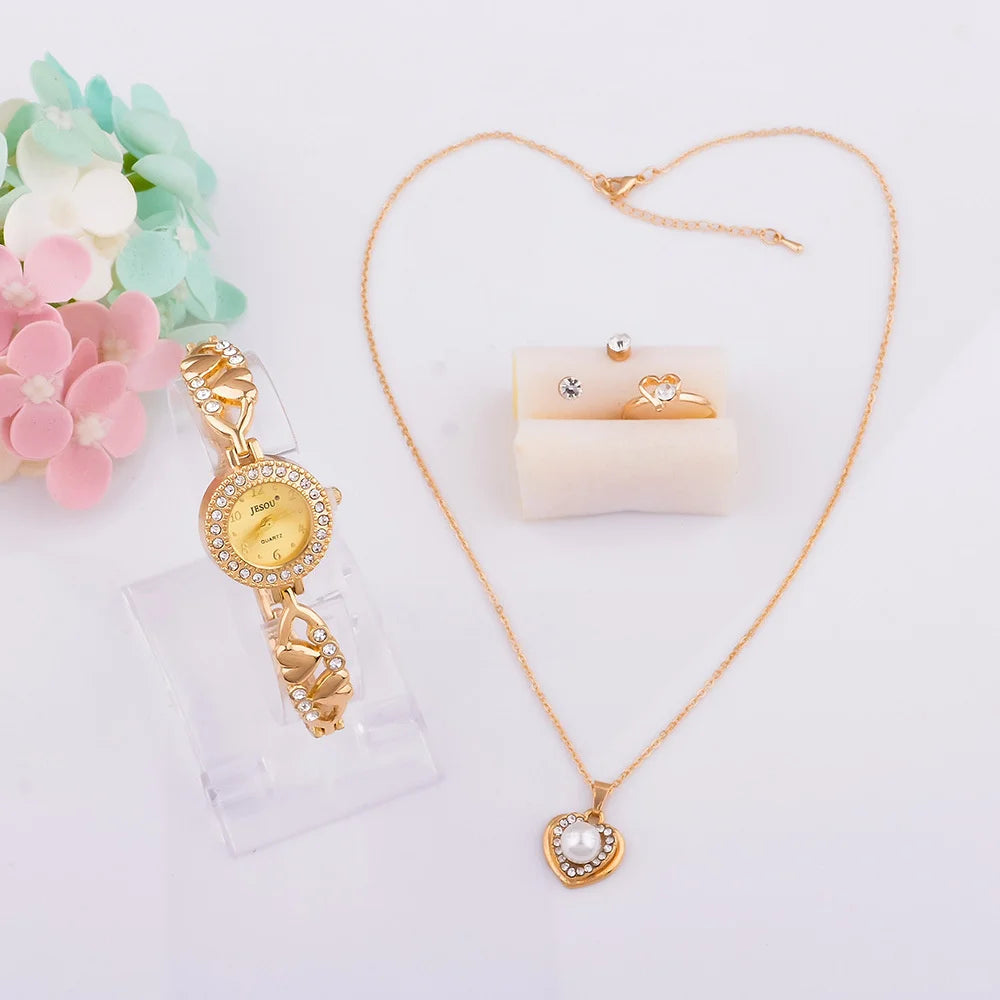 Bijoux femme coffret – Montre quartz + bracelet, collier, bague, boucles d’oreilles, or et argent