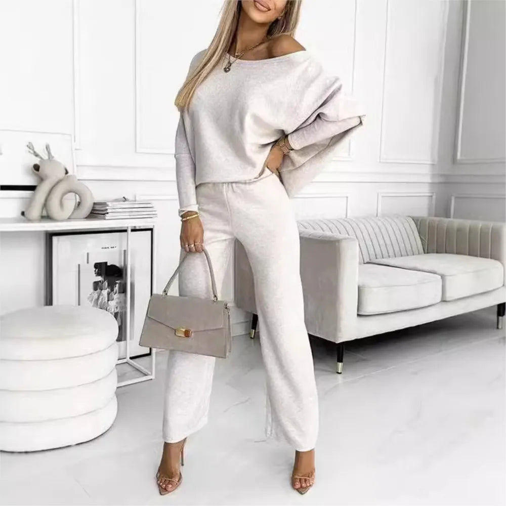Ensemble Femme 2 Pièces – Pull Manches Longues & Pantalon Décontracté Couleur Unie Chic