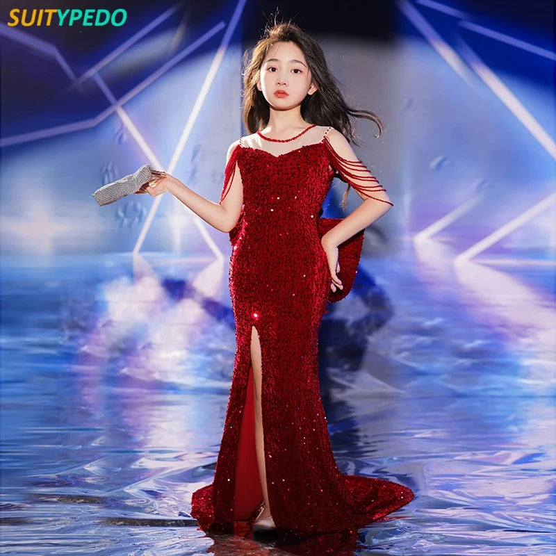 Robe bal sirène luxe paillettes rouges adolescentes noeud gaine perles fête