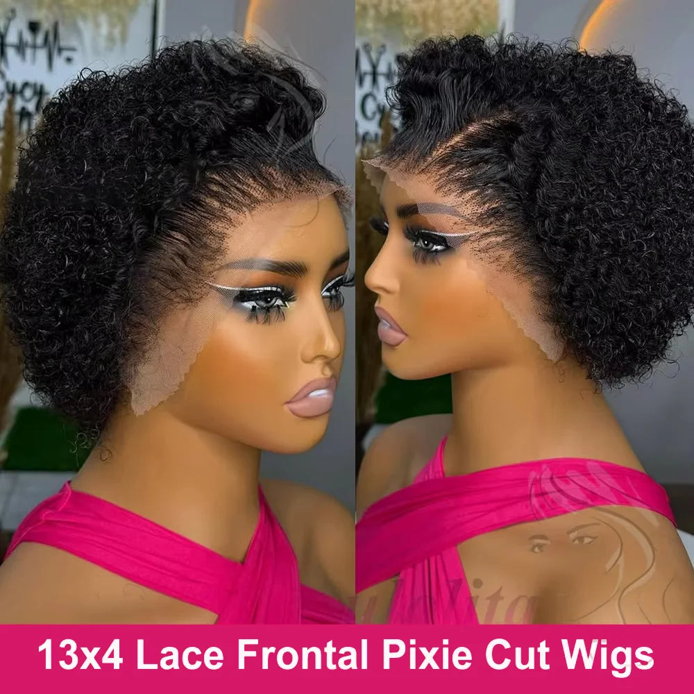 Perruque Lace Frontal Wig Brésilienne Bouclée – 100% Cheveux Naturels, Coupe Pixie, 13x4/13x1, HD Transparent, Spécial Femmes Noires