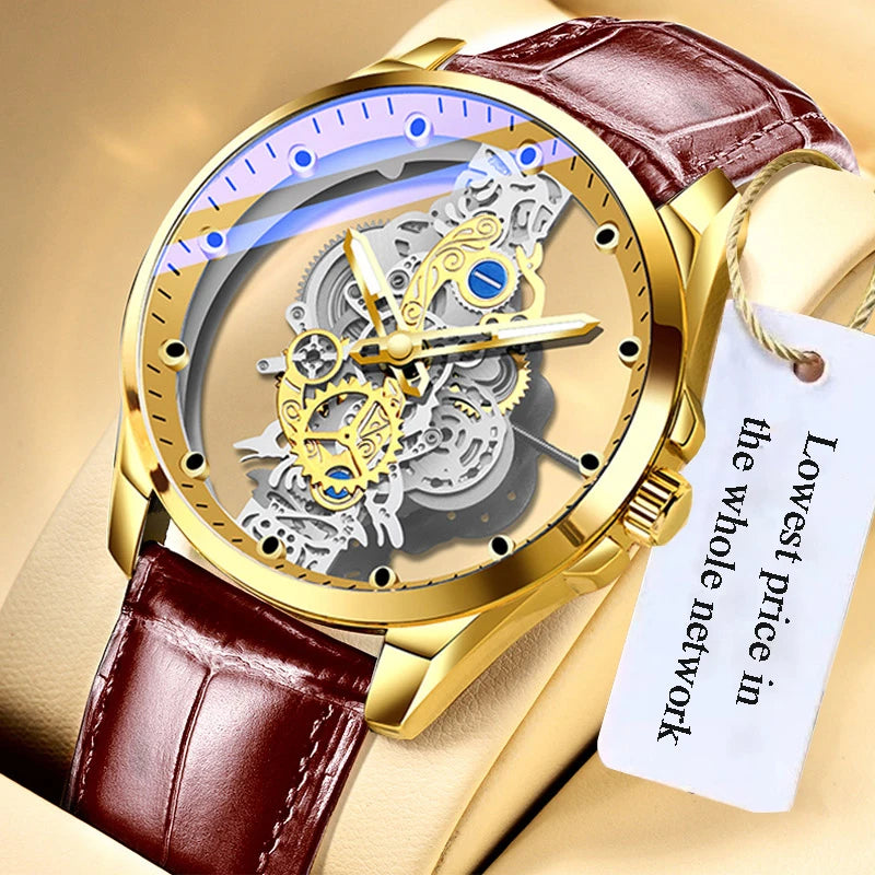 Montre homme quartz squelette doré rétro luxe .