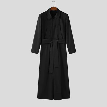 Salopette homme INCERUN  couleur unie à manches longues revers, jambe large – Combinaison ample streetwear décontracté S-5XL