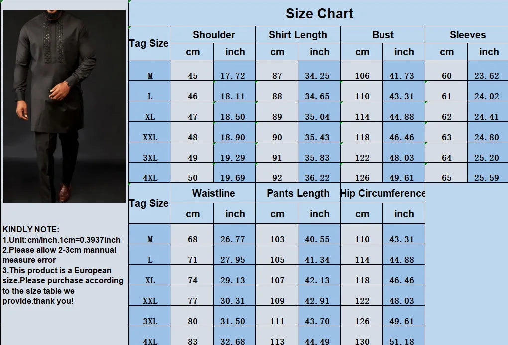 Ensemble africain homme de 2 pièces, chemise manches longues, pantalon, été .