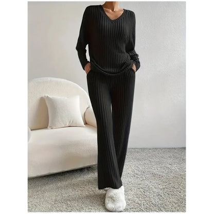 Set Vêtements Femme Automne-Hiver – Ensemble Rayé 2 Pièces, Haut Col V & Pantalon Confort