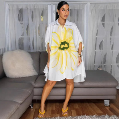 Robe Élégante Femme – Chemise d’Été Imprimée à Revers, Dos Court & Coupe Décontractée Chic