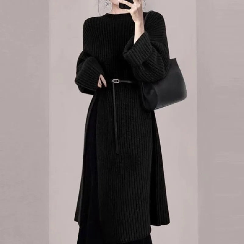 Ensemble femme 2 pièces robe à bretelles et pull fendu
