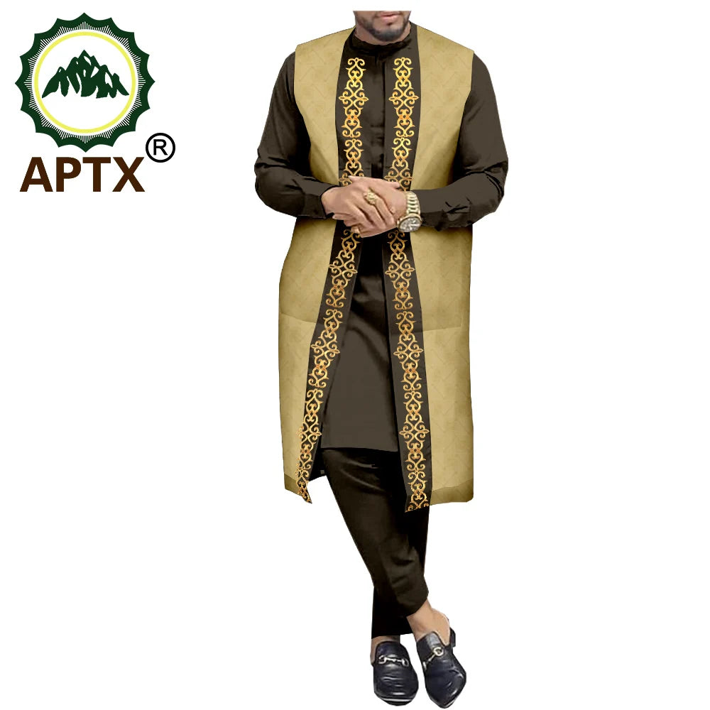 APTX Ensemble africain homme 3 pièces – Chemise et pantalon jacquard, tenue traditionnelle mariage et fête