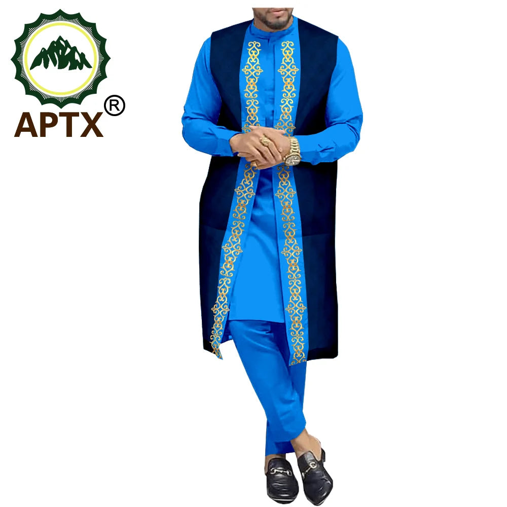 APTX Ensemble africain homme 3 pièces – Chemise et pantalon jacquard, tenue traditionnelle mariage et fête