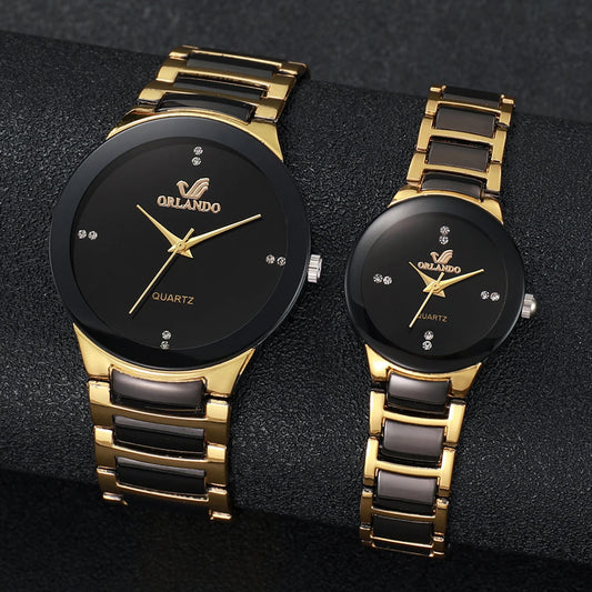 Montres à quartz acier inoxydable couple homme/femme, lot de 2, style business .